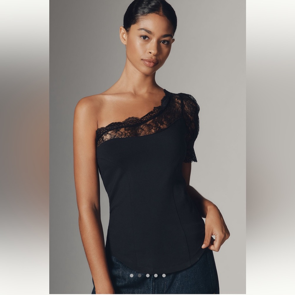 Maeve Black One-Shoulder Top with Lace Detail - Sz M